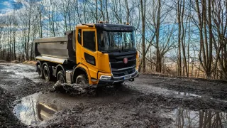 Žlutý nákladní vůz Tatra Phoenix na lesní cestě.